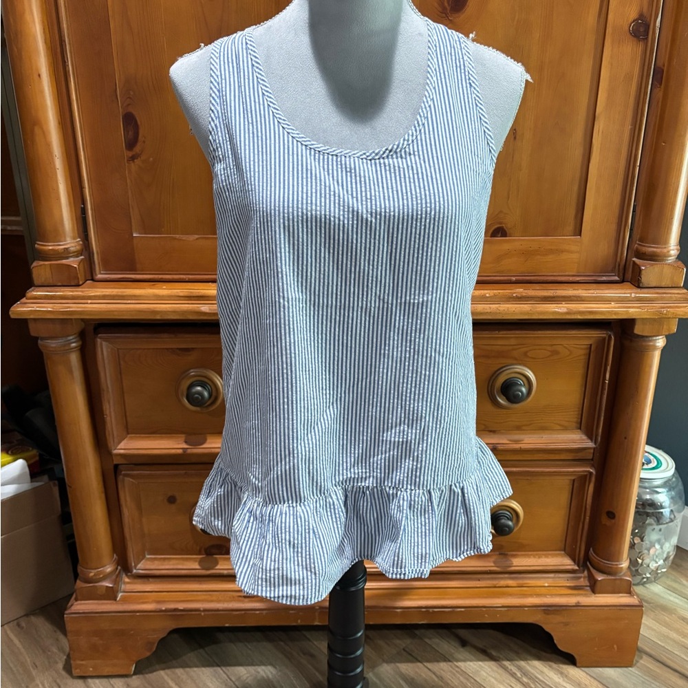 Blue and White striped tank top with Bow detail in back, Sz M